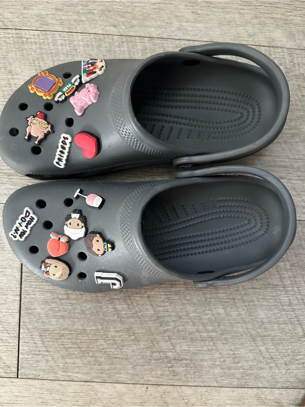 Women’s Grey Clog Shoes with FRIENDS Charms - Size 9